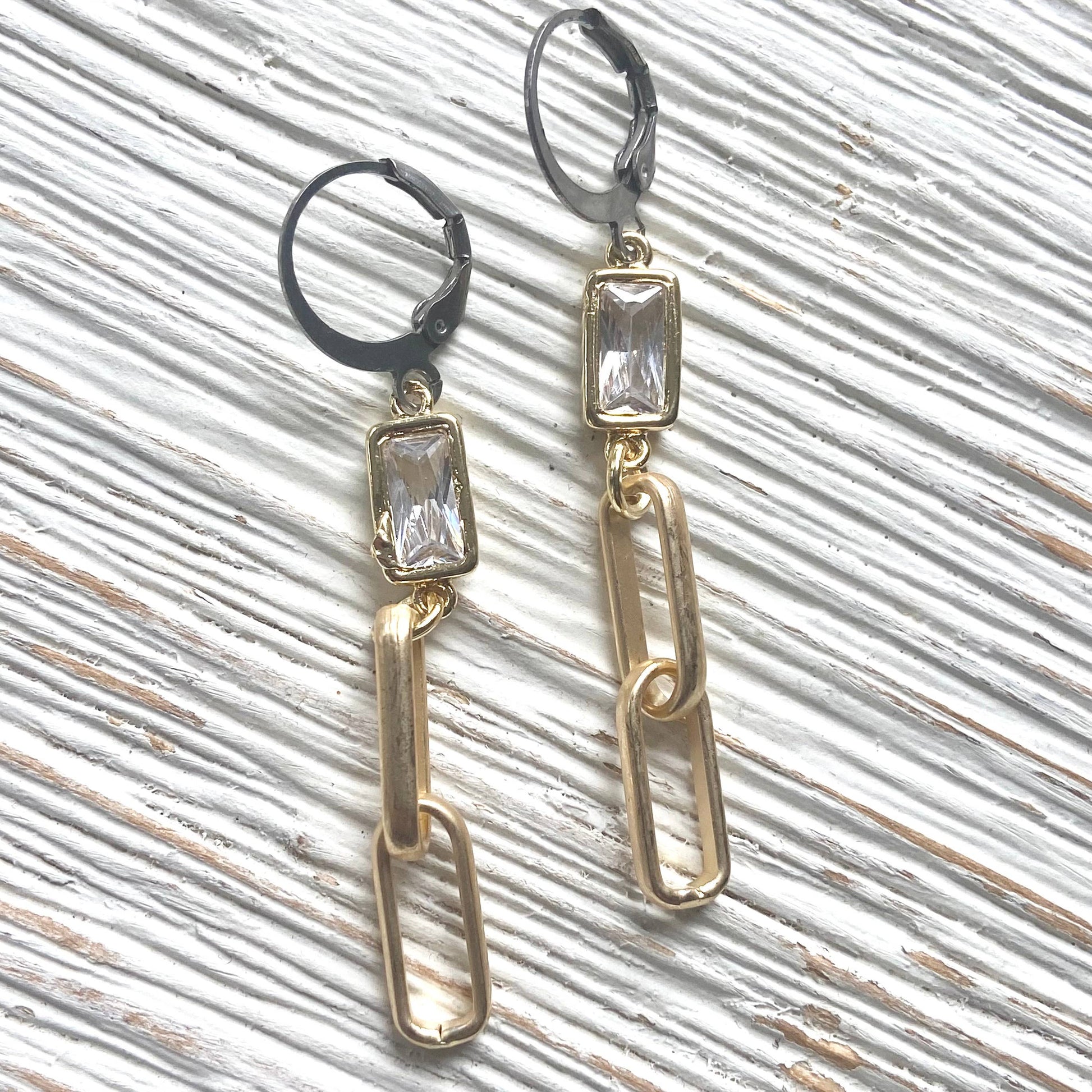 Matte Gold Paperclip Earrings w/ Crystal