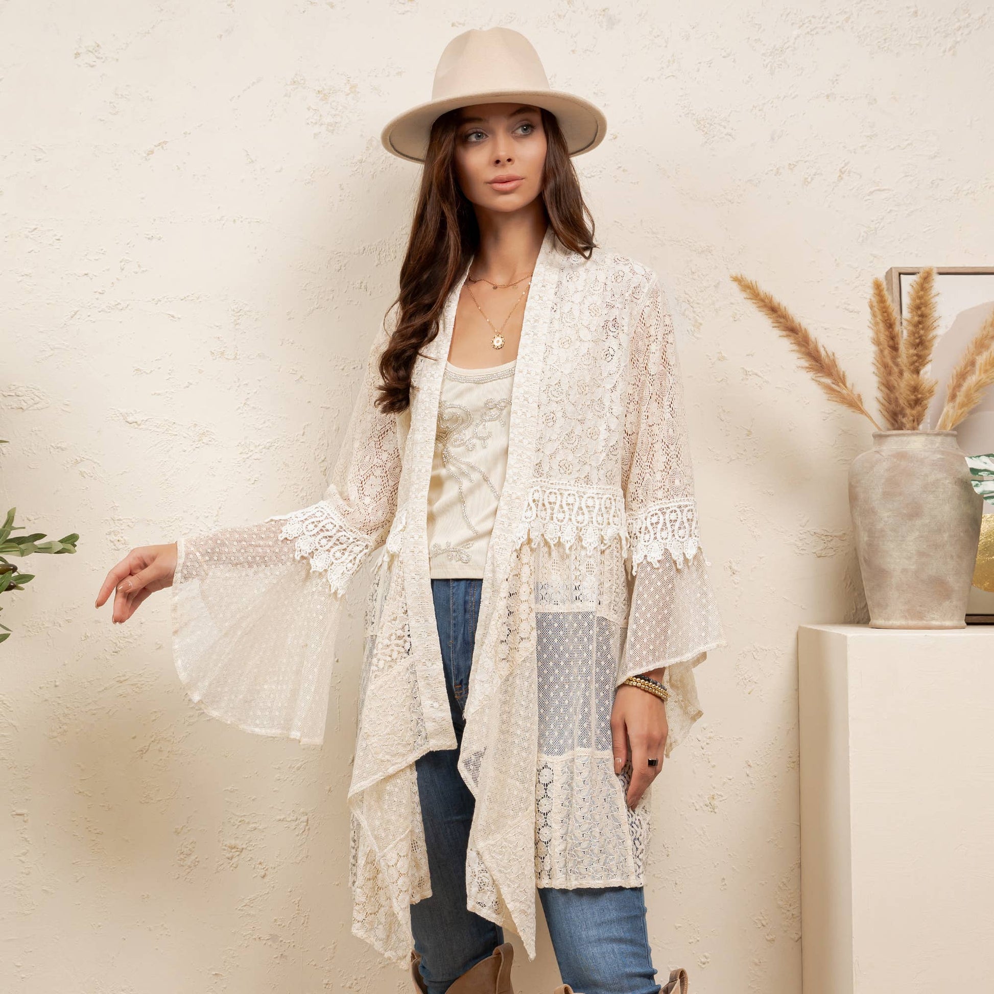 Western Boho Chic Motif Embroidered Denim Long Shrug