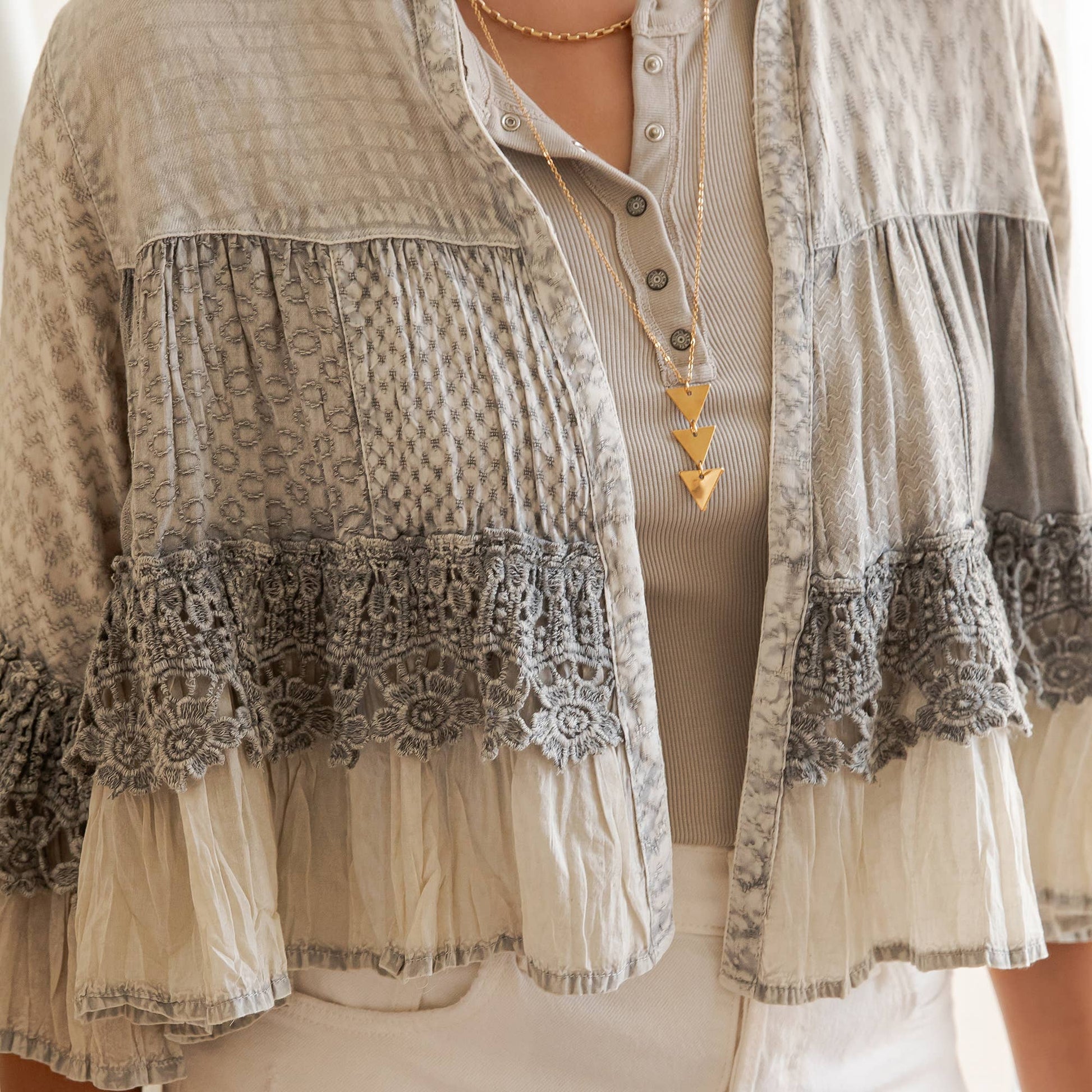Boho Tiered Crochet Lace Open Front Shrug