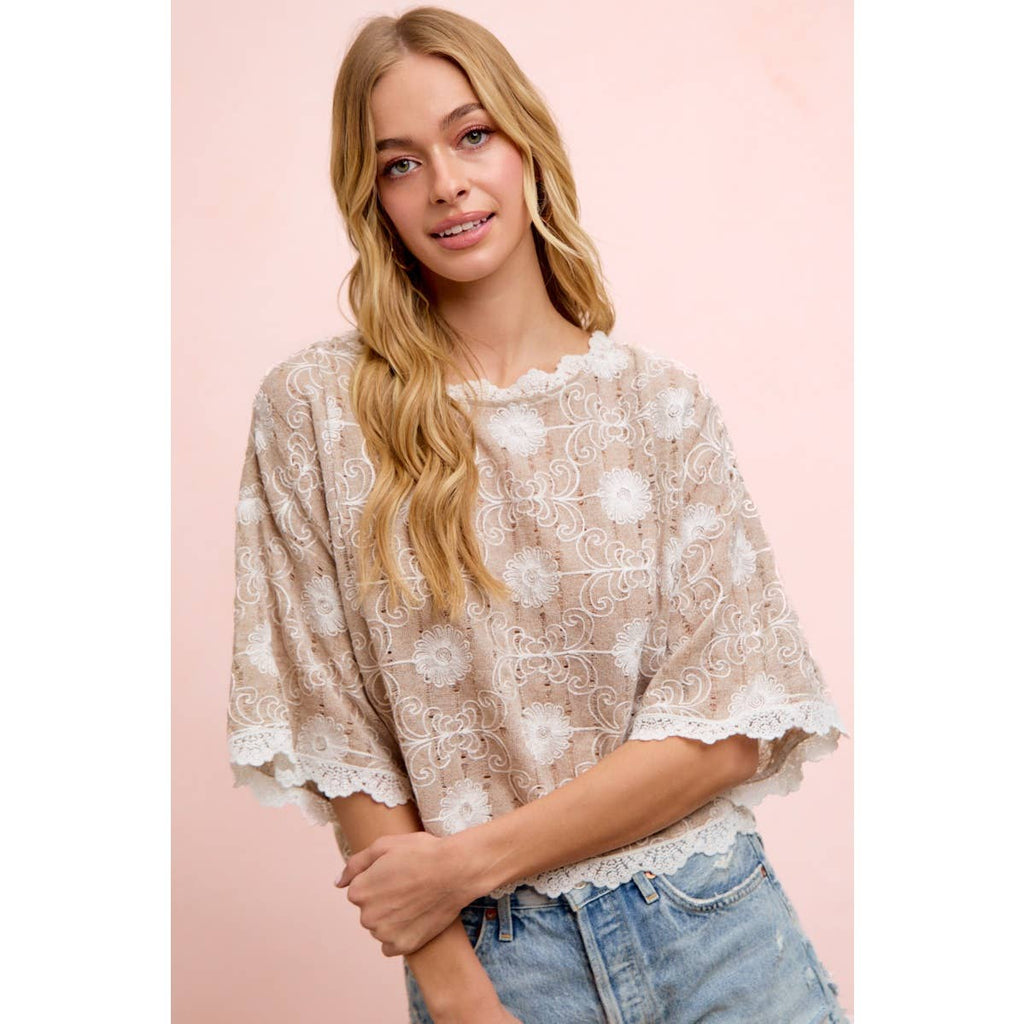Flower Embroidery and Lace Boho Casual Short Sleeve Top