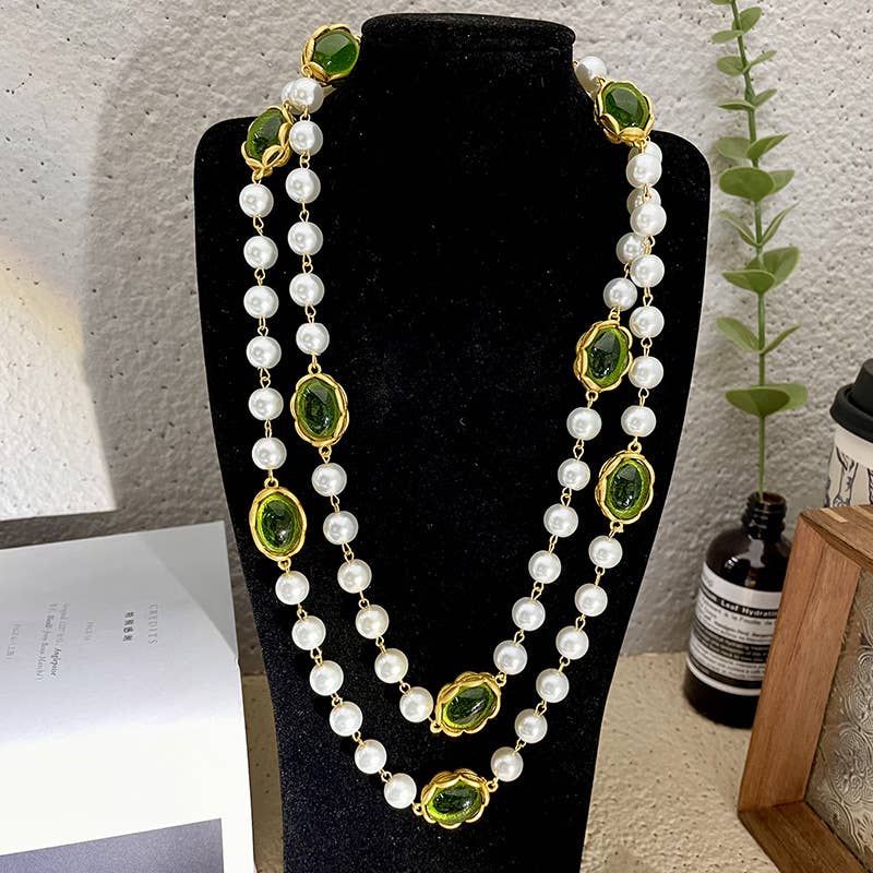 Layered Pearlies Necklace with Emerald Green Accents