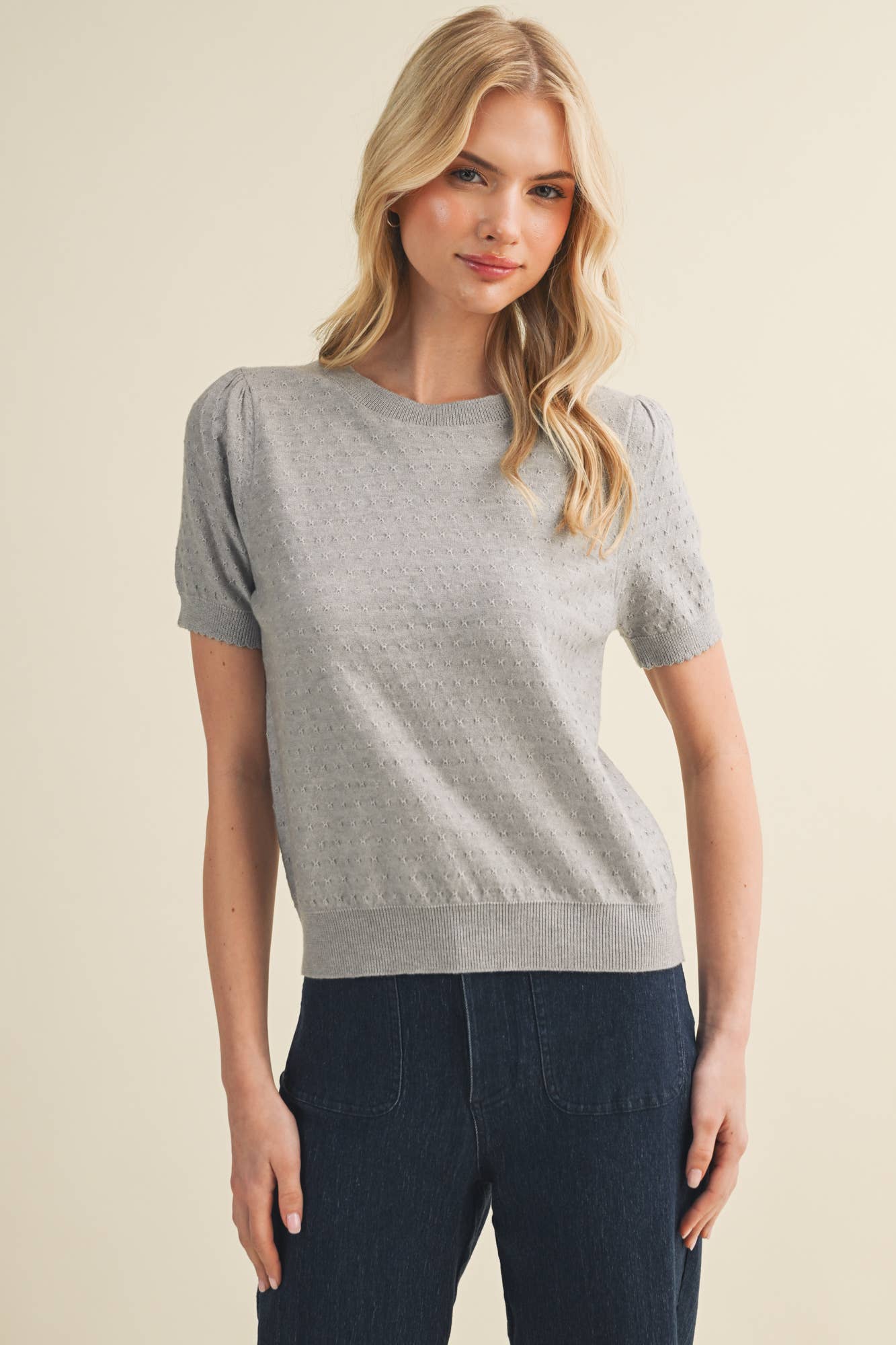 Starburst Pointelle Puff Sleeve Sweater