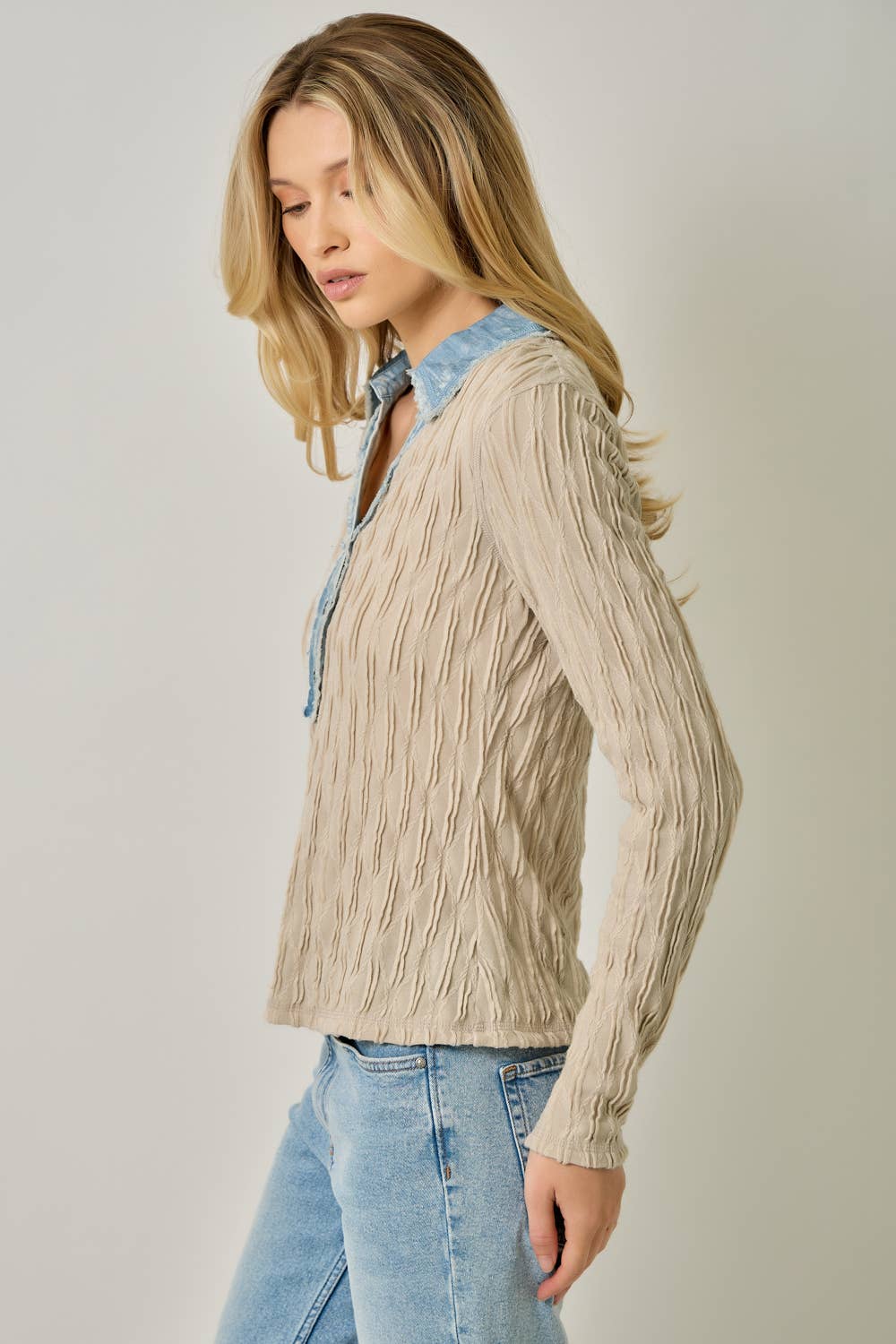 Denim Mix Textured Knit Henley Top