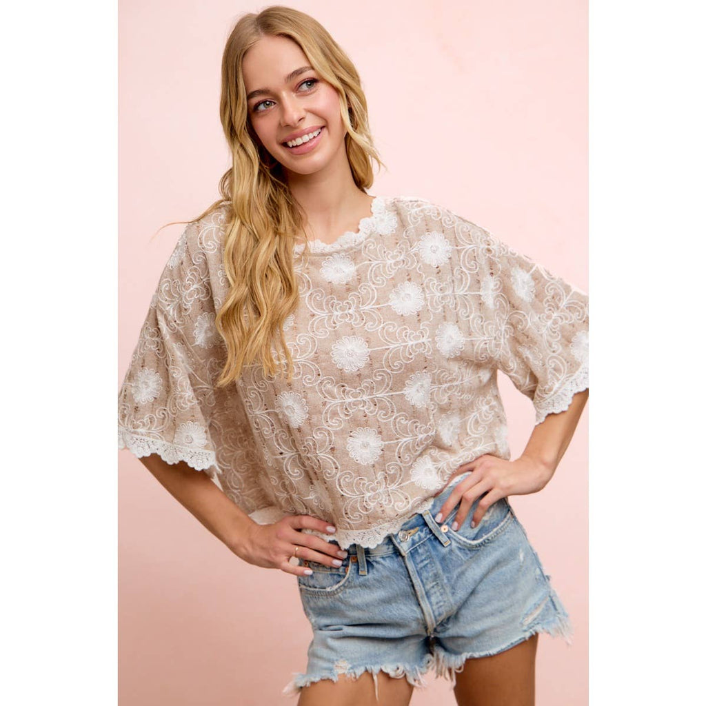 Flower Embroidery and Lace Boho Casual Short Sleeve Top