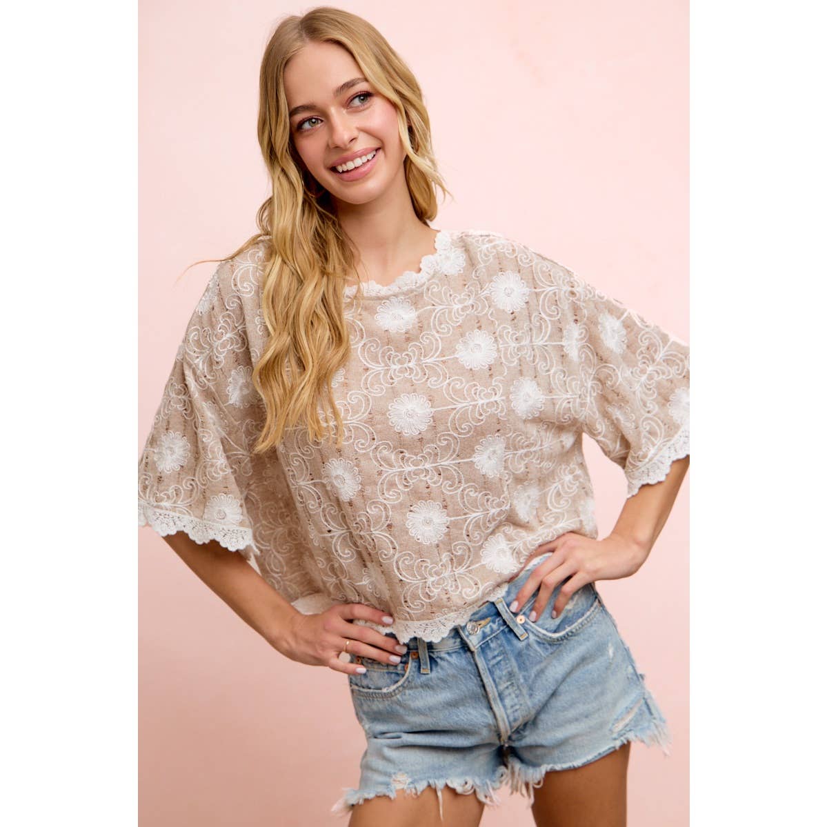 Flower Embroidery and Lace Boho Casual Short Sleeve Top