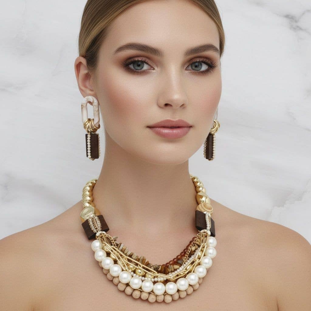 Wood Bead Natural and Glam Multi Layer Necklace