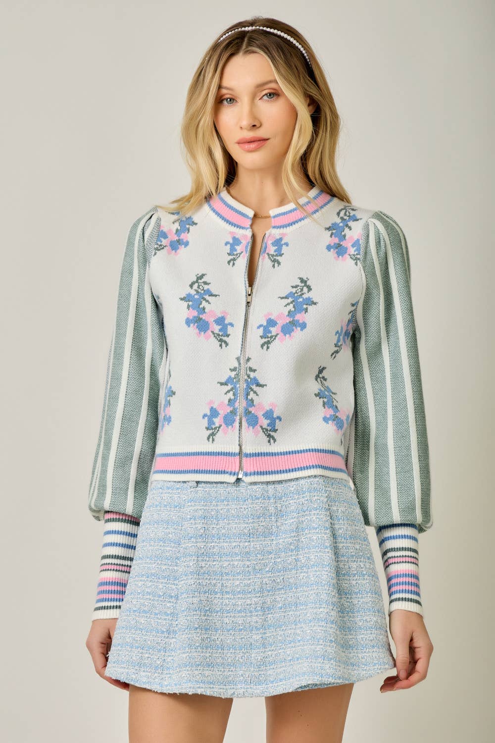 Sweater Floral Zip Bomber Jacket