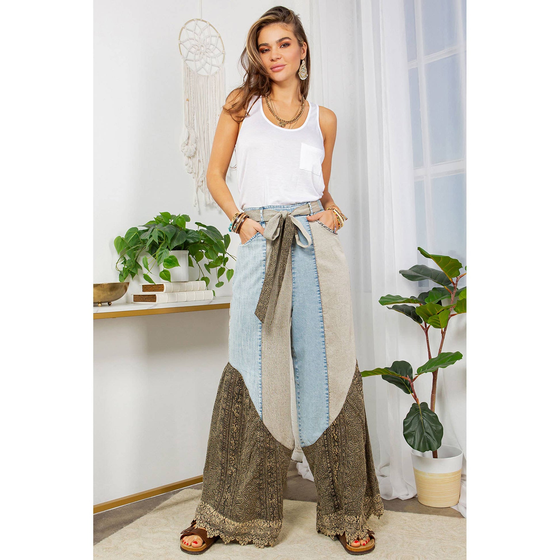 Boho Lace Rhapsody Denim and Lace Flare Pants