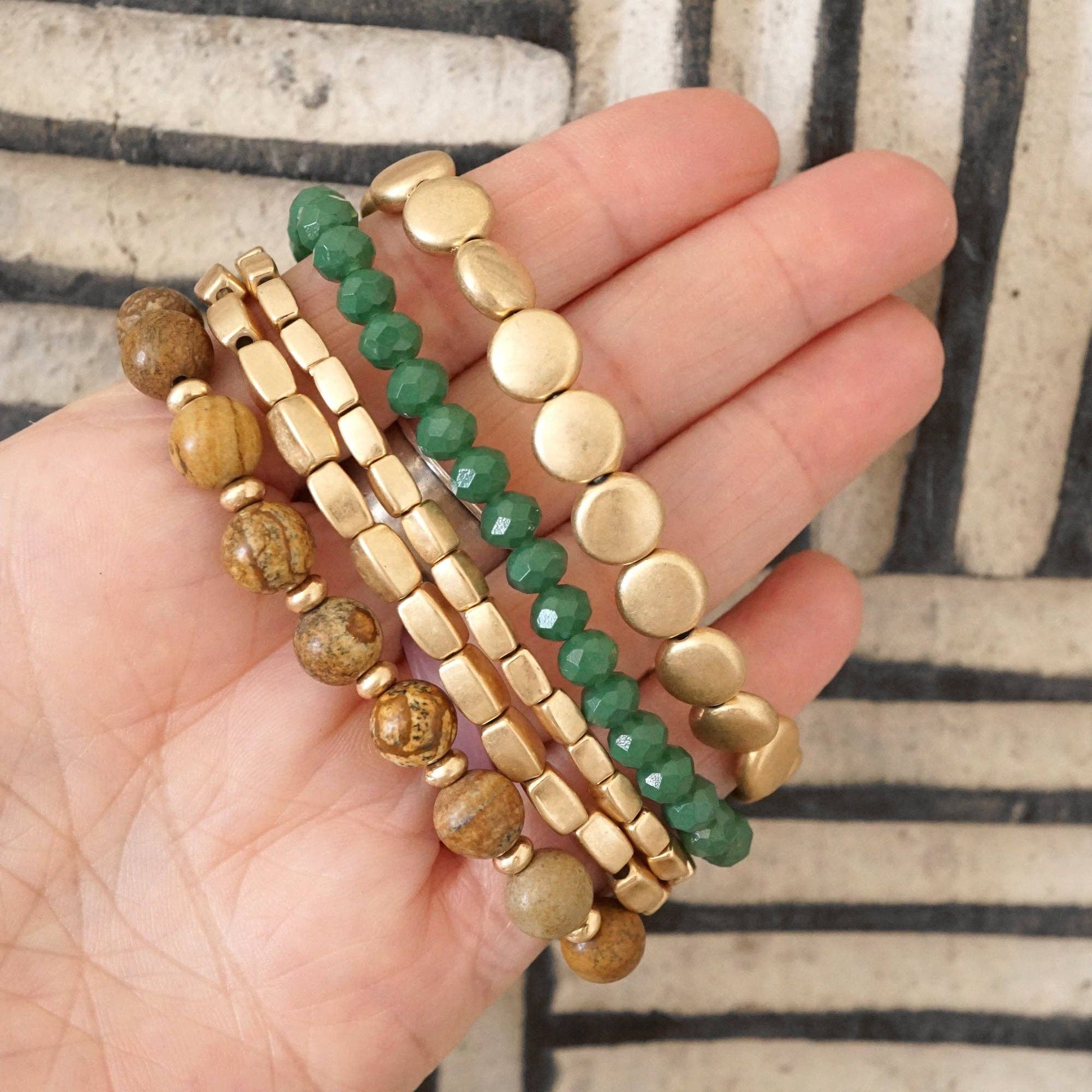 Boho Beaded Bracelet Stack Green Brown and worn gold tone - Set of 5