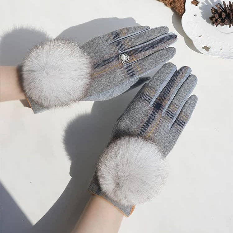 Checks Winter Gloves with Faux Fur Pompom