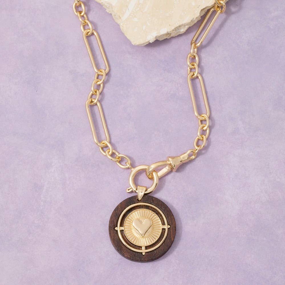 Paperclip Chain Wood Heart Coin Necklace