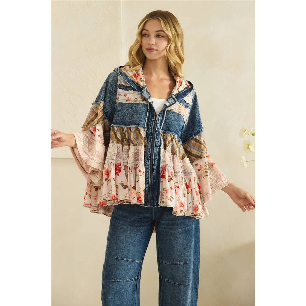 BOHO RUFFLE HOODED LACE DENIM  AND FLORAL PRINT MIX JACKET
