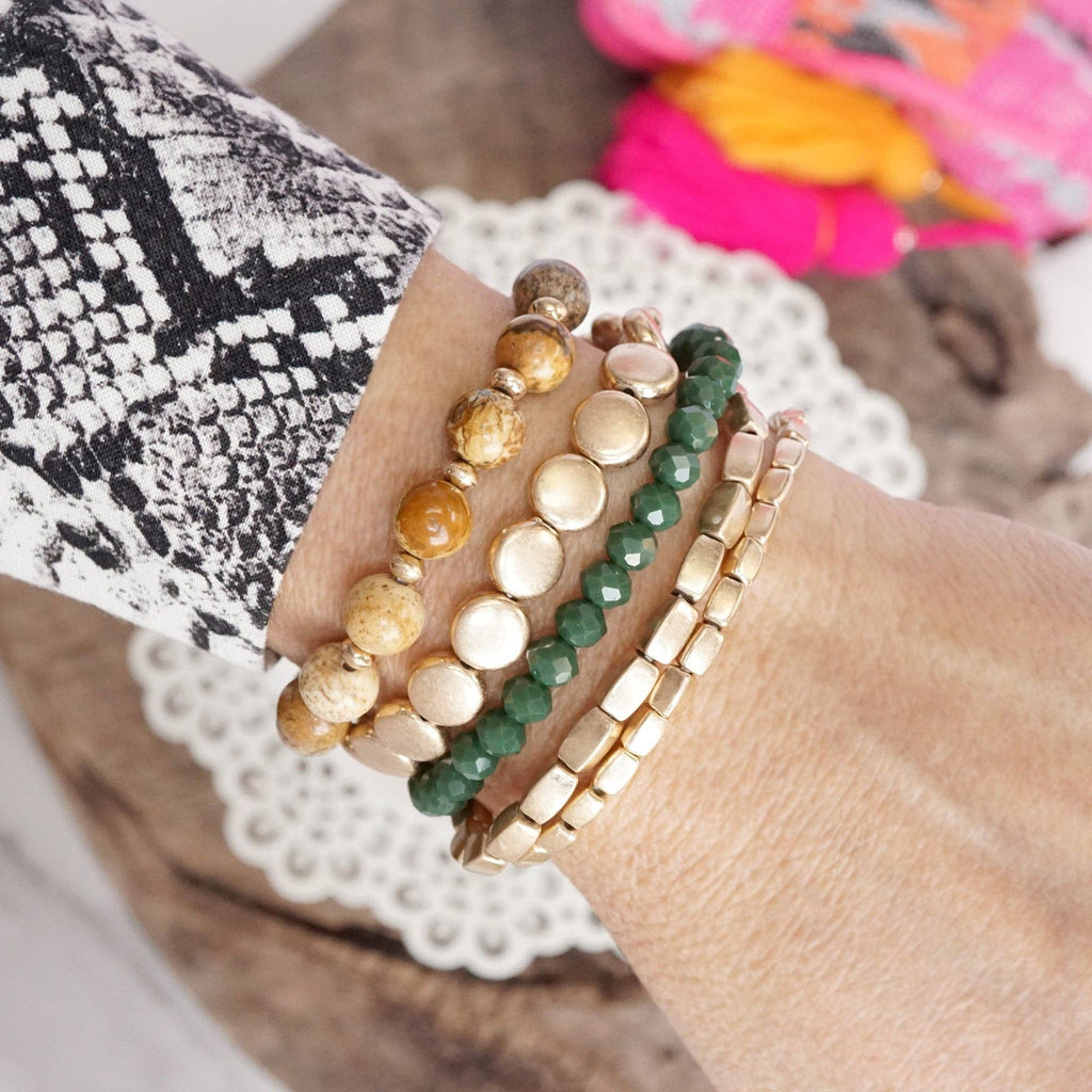 Boho Beaded Bracelet Stack Green Brown and worn gold tone - Set of 5