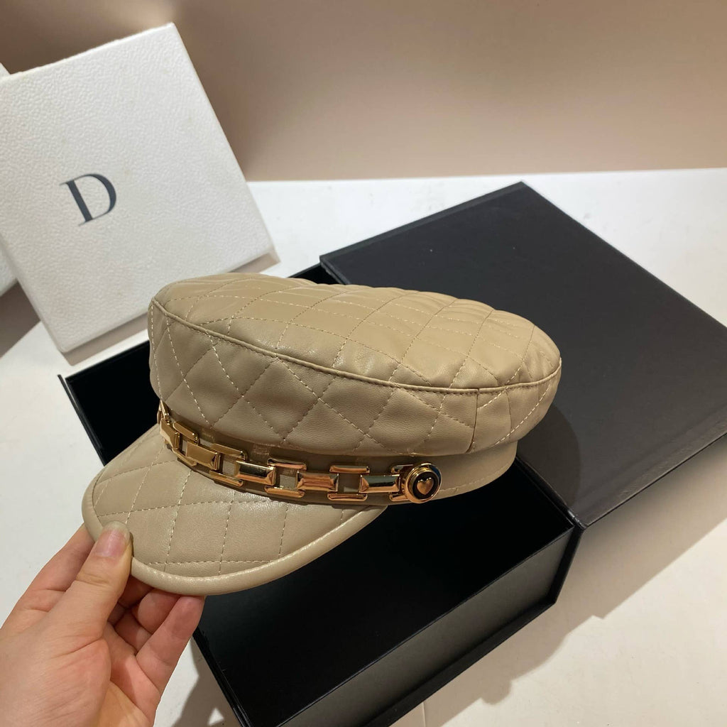 Quilted Leather Chain Detail Hat