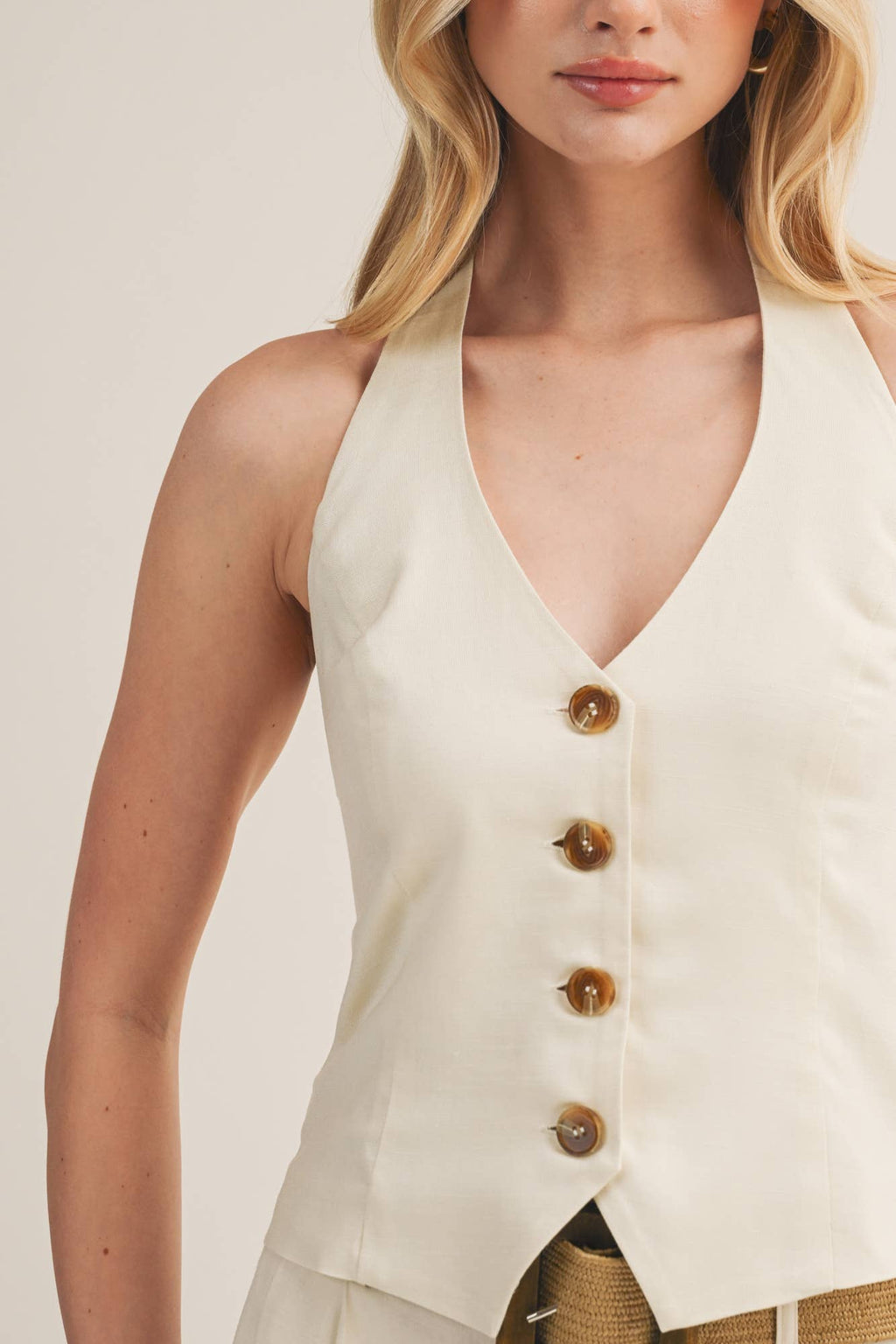 V-Neck Button Front Halter Vest