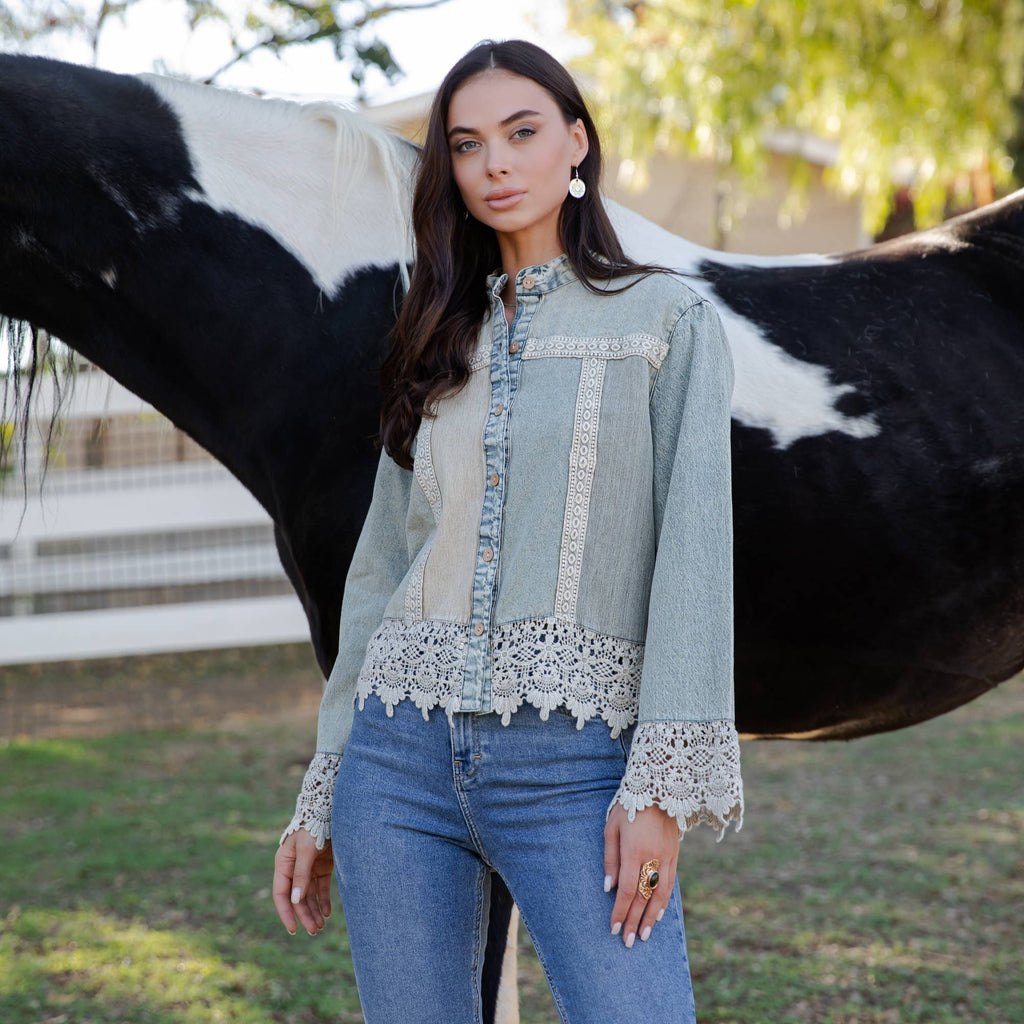 Boho Denim And Lace  Button-Down Top
