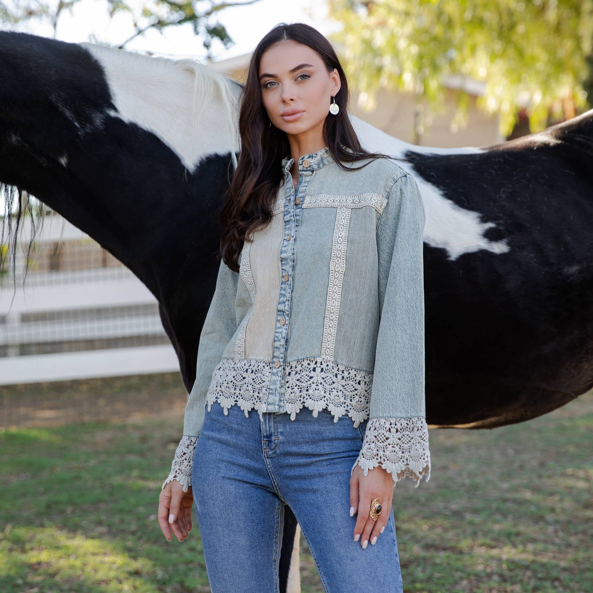 Boho Denim And Lace  Button-Down Top