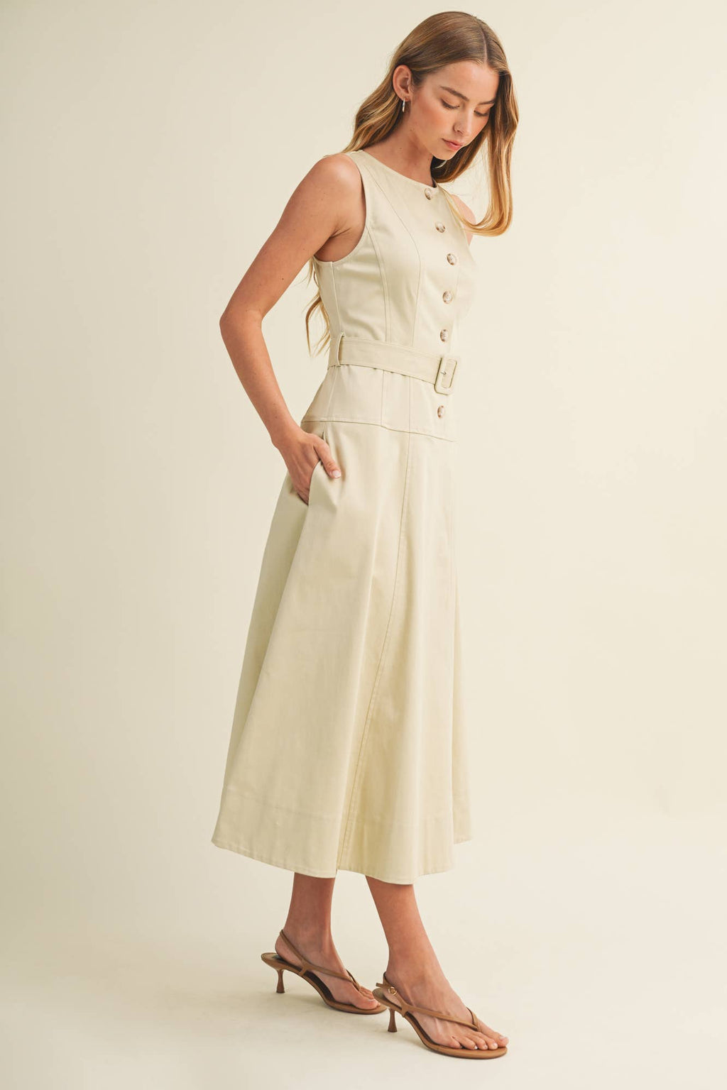 Buckle Belt Topstitch Maxi Dress