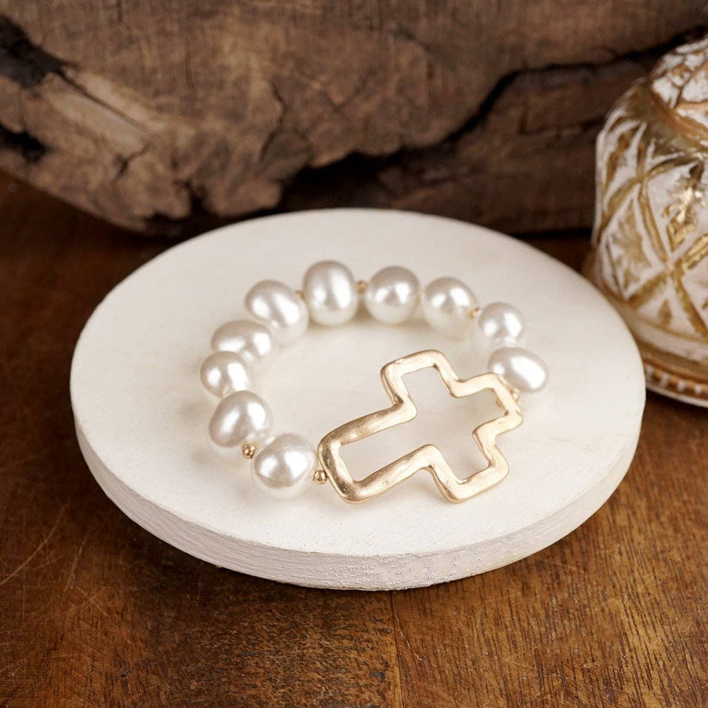 Statement Beaded Cross Bracelet – Chunky Pearl Cross Bracelet Gold Silver