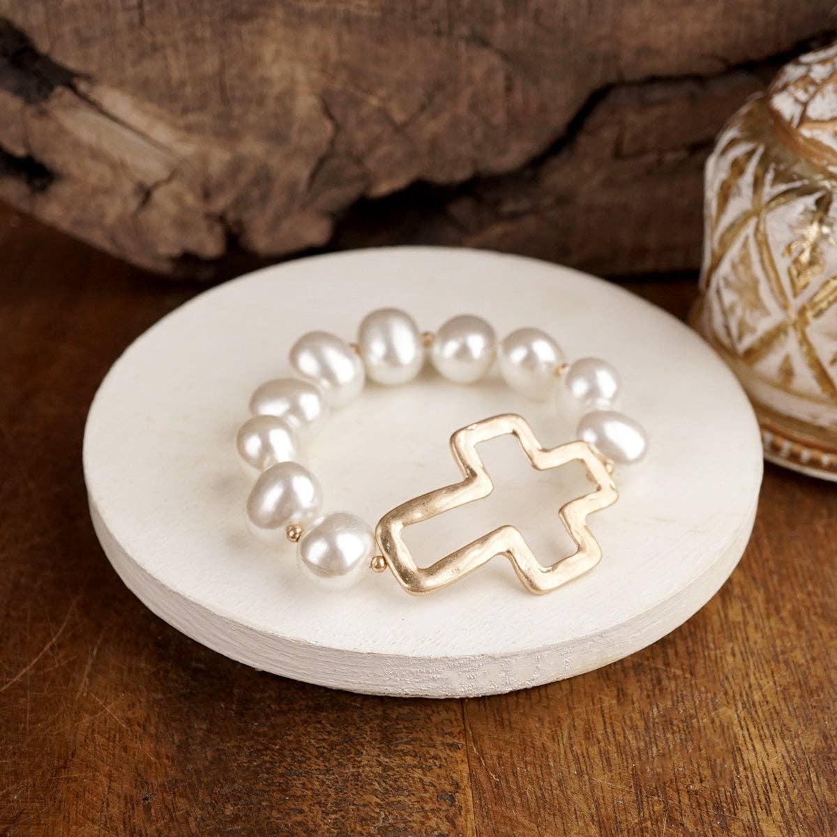Statement Beaded Cross Bracelet – Chunky Pearl Cross Bracelet Gold Silver