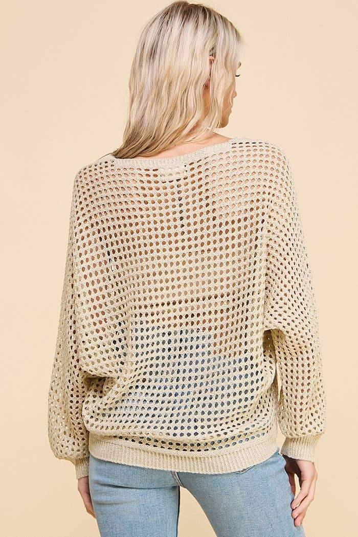 Long Sleeve Open Weave Foil Knit V-Neck Sweater