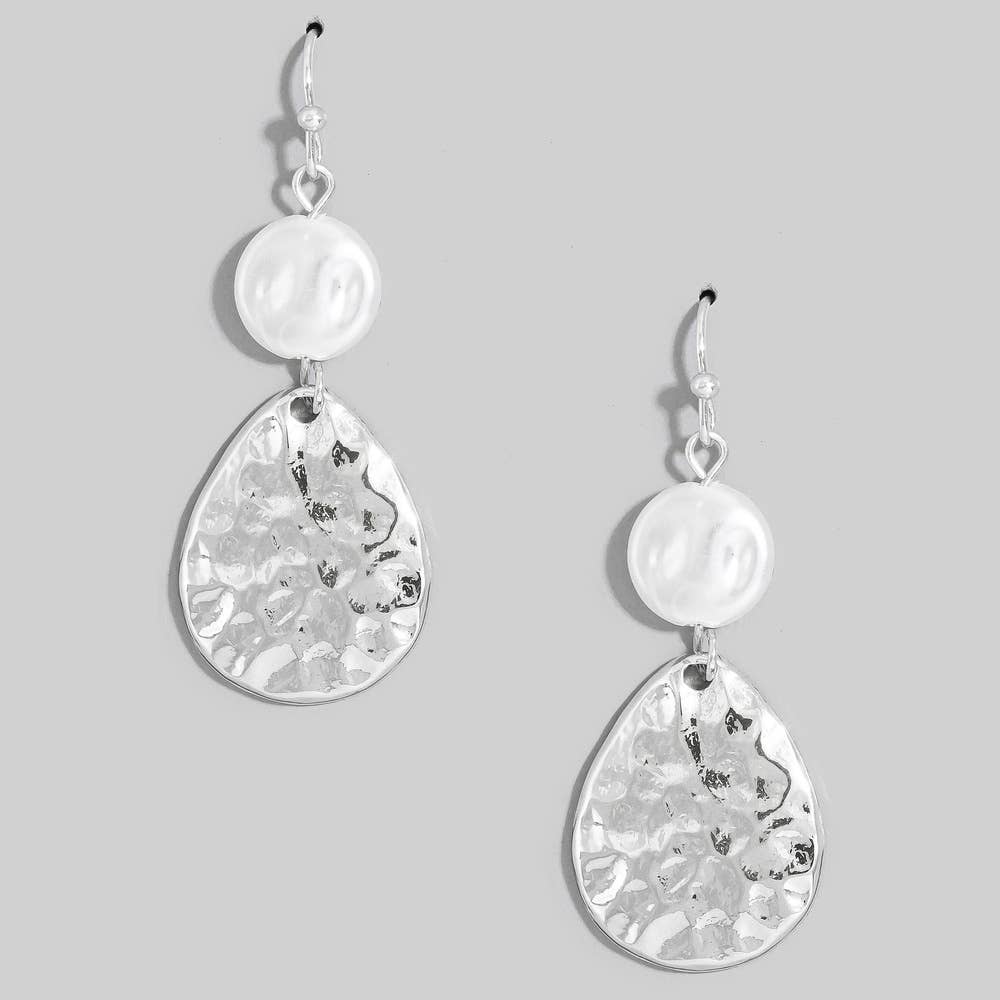 Pearl And Hammered Teardrop Drop Earrings