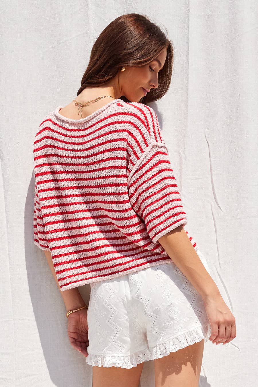 Loose Fit 3/4 Sleeve Striped Crew Neck Top