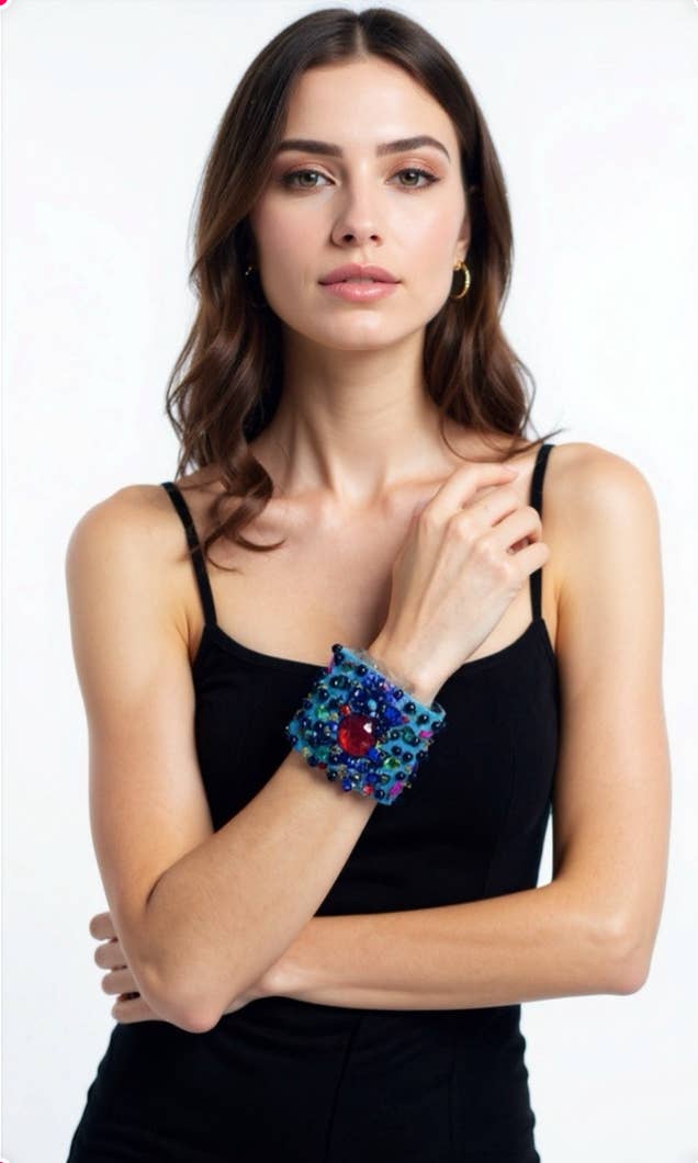 Scarlet Denim Bracelet with Charms and Beads