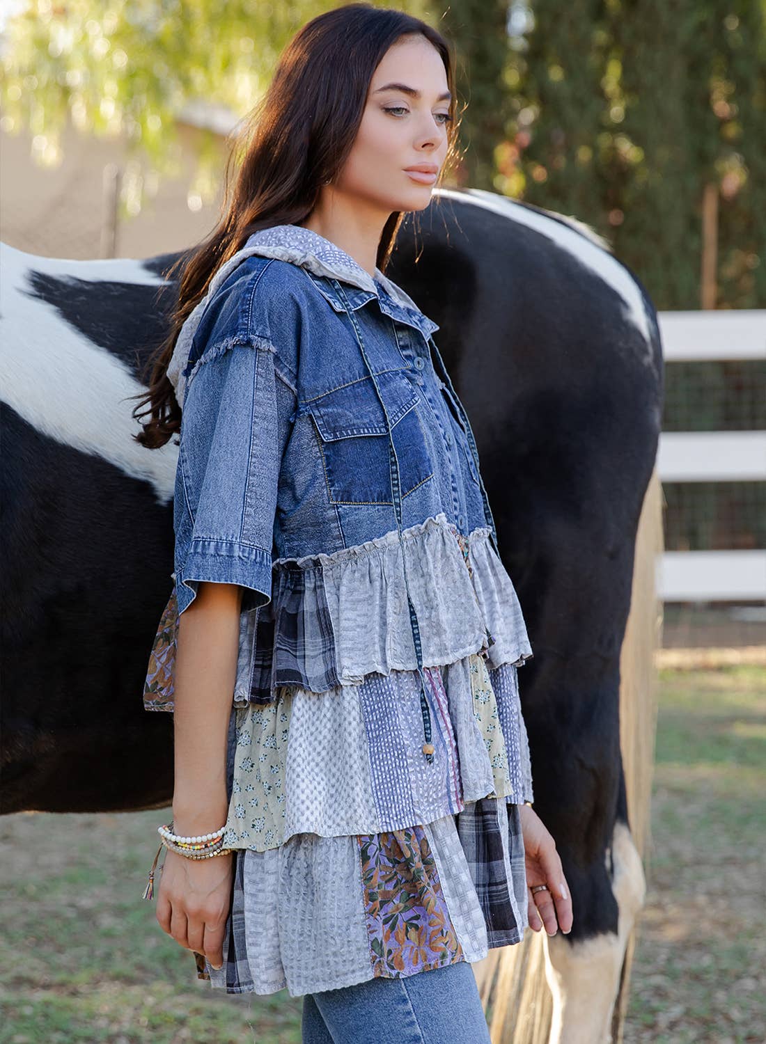 Boho Summer Hooded Denim Button Down Shirt with Playful Mixed Ruffles