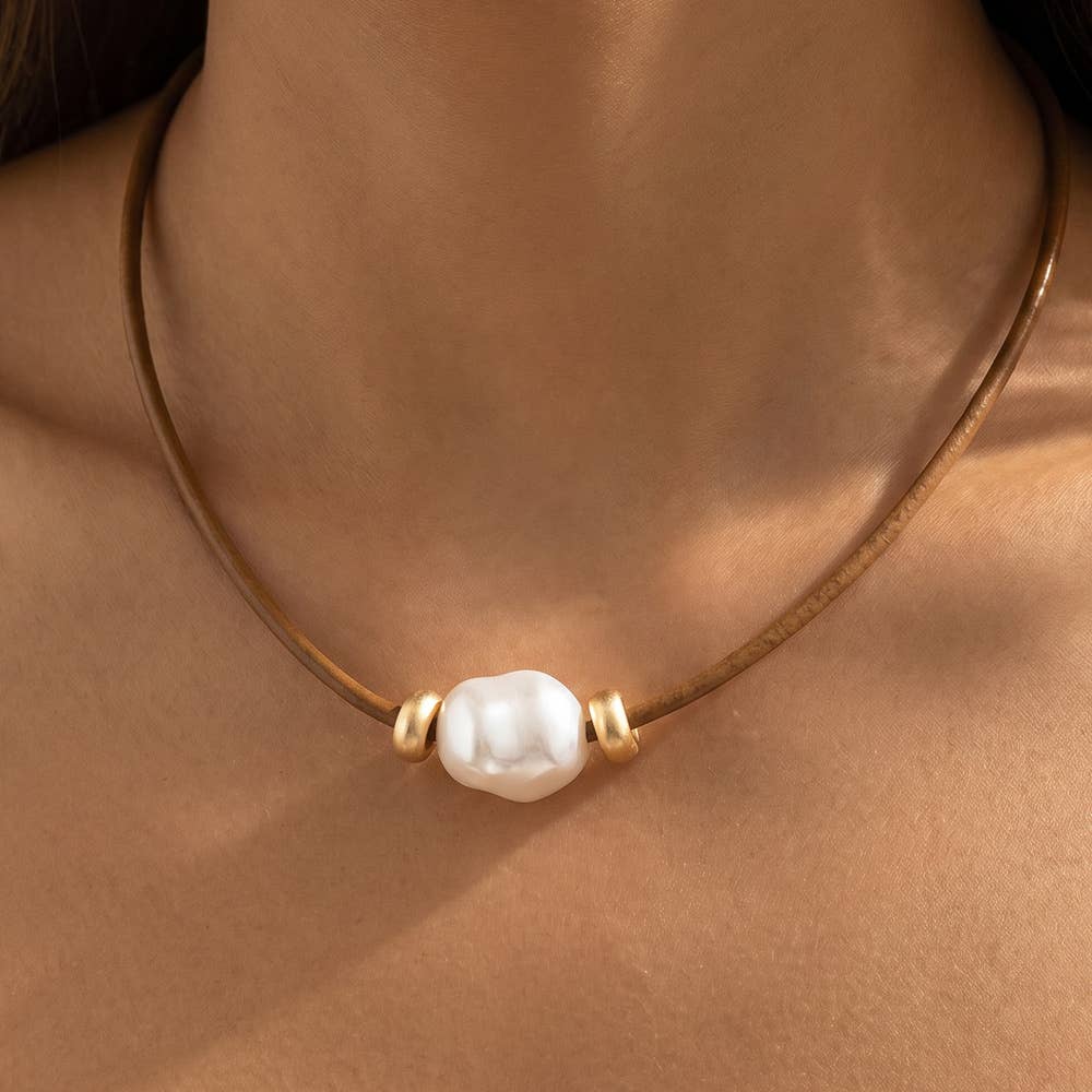 Leather Cord Baroque Pearl Station Necklace