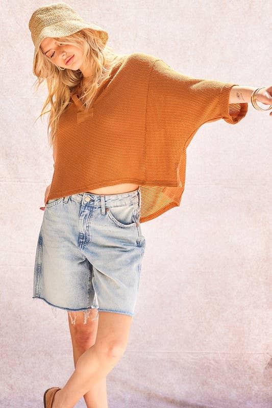 3/4 Sleeves Waffle Knit Cropped Pullover
