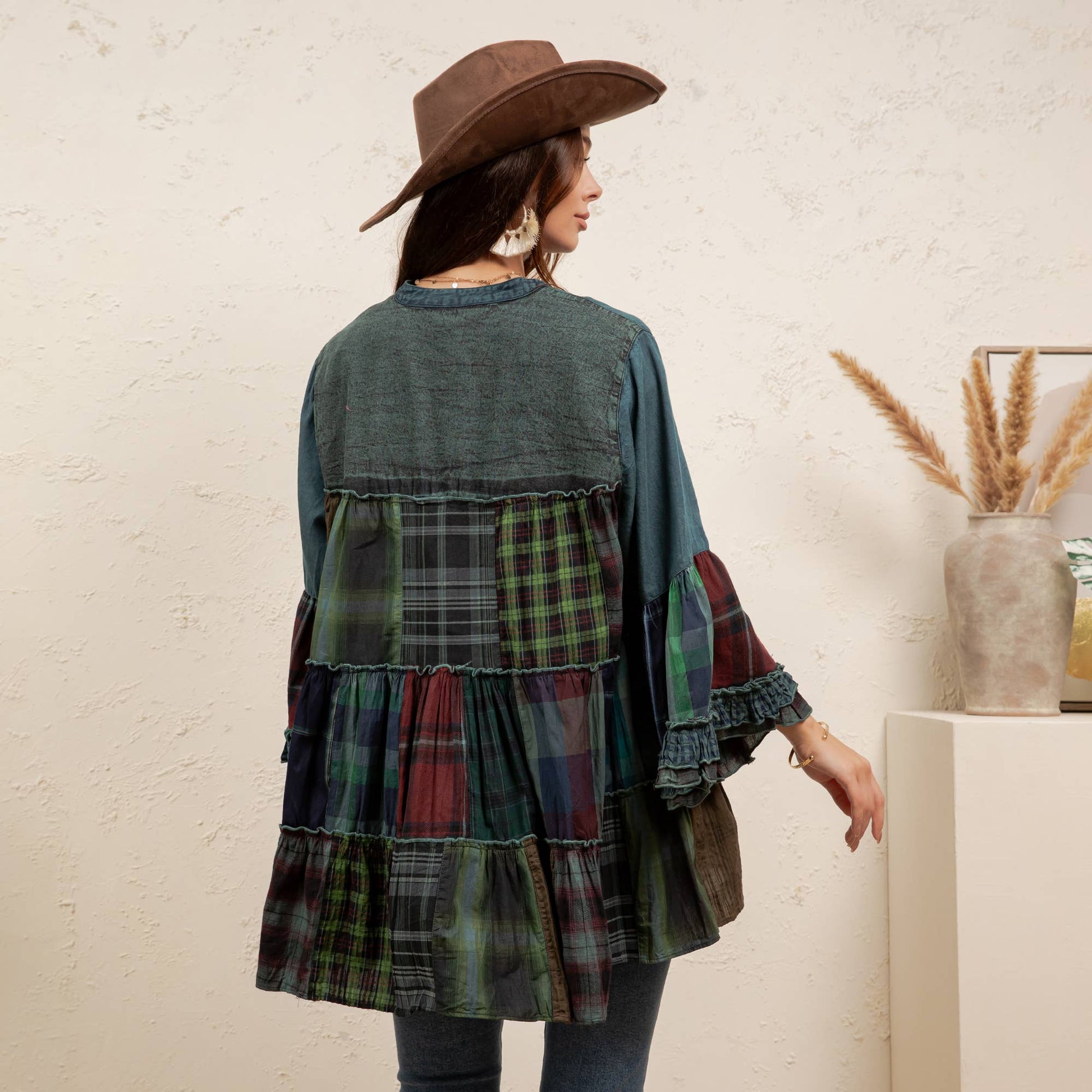 Boho Tiered Plaid Denim Patchwork Tunic -Bell Sleeve Top NEW