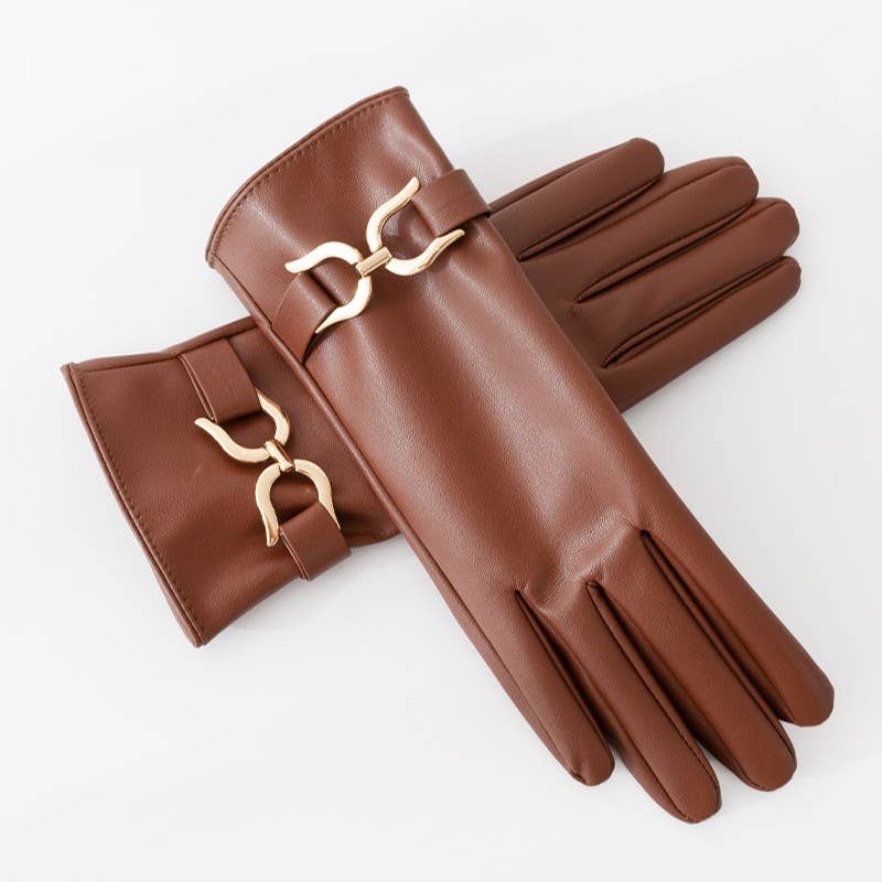 Faux Leather Gloves with Gold Buckle Detail