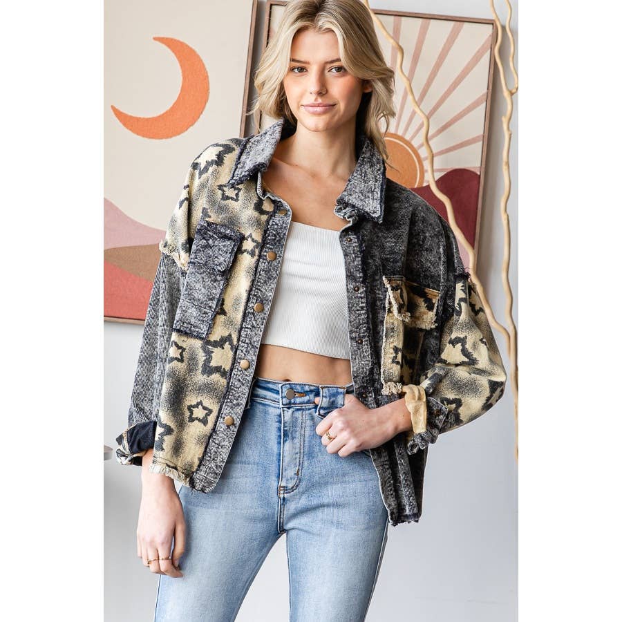 WASHED STAR PRINT CORDUROY MIX JACKET