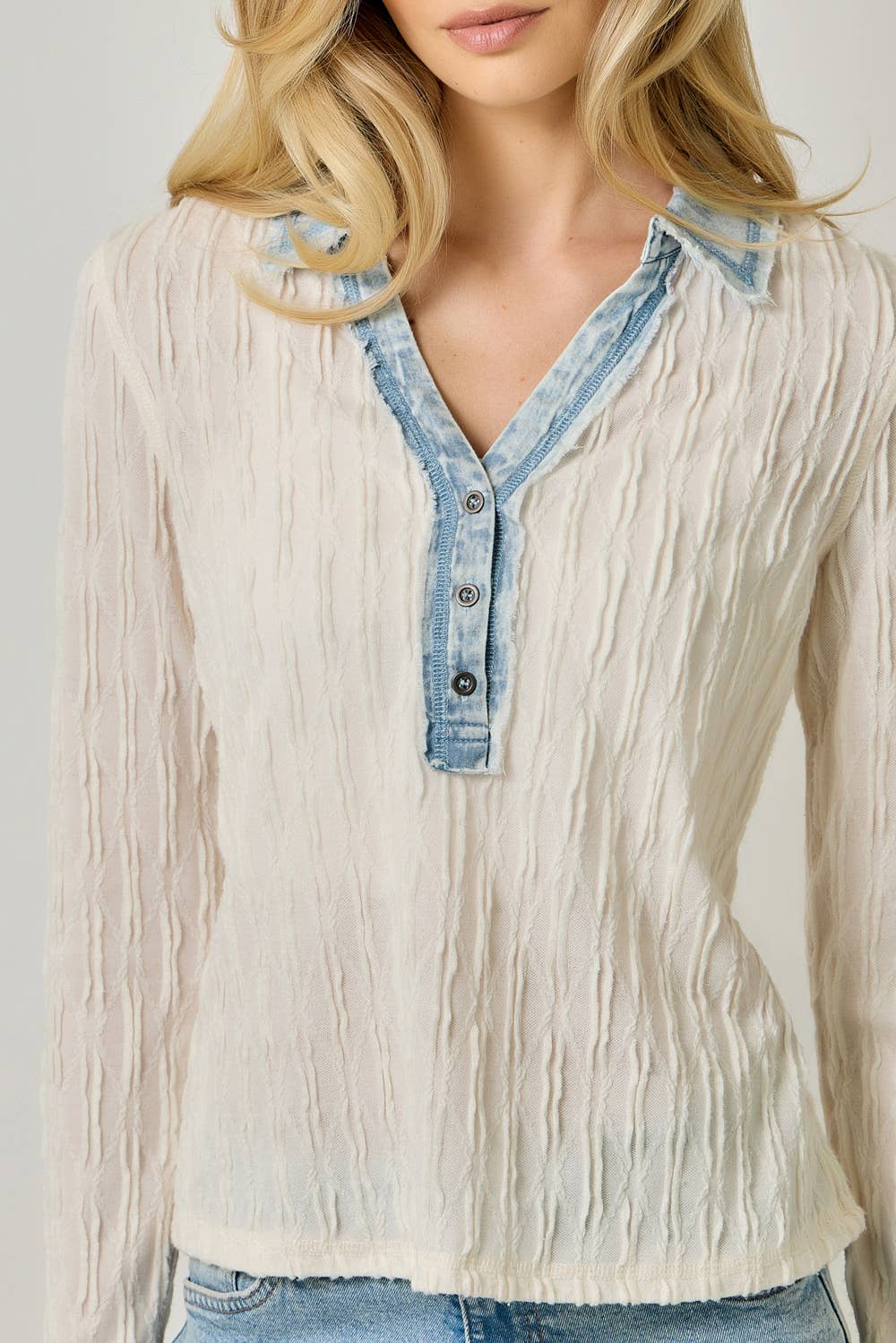 Denim Mix Textured Knit Henley Top