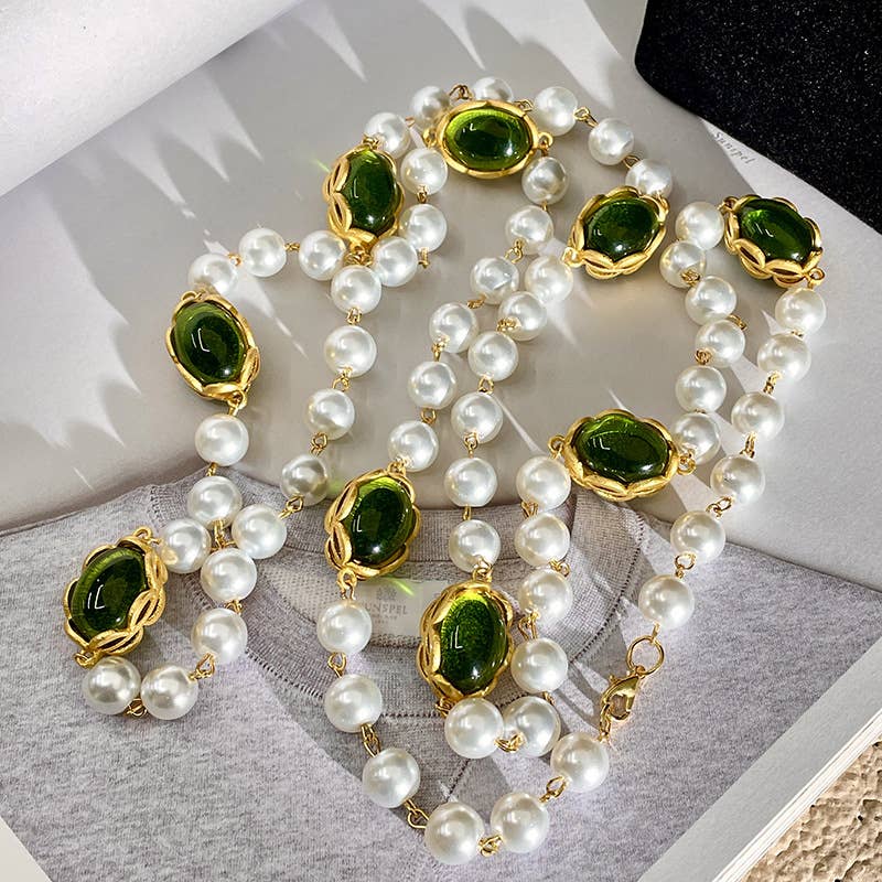 Layered Pearlies Necklace with Emerald Green Accents