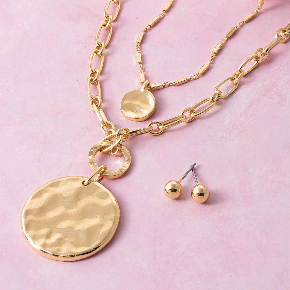 Double Chain Hammered Coin Pendant Necklace Set