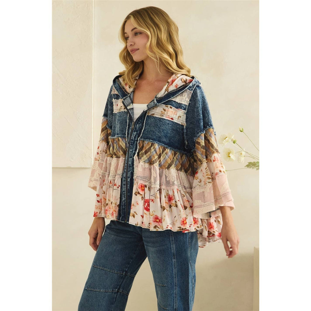 BOHO RUFFLE HOODED LACE DENIM  AND FLORAL PRINT MIX JACKET
