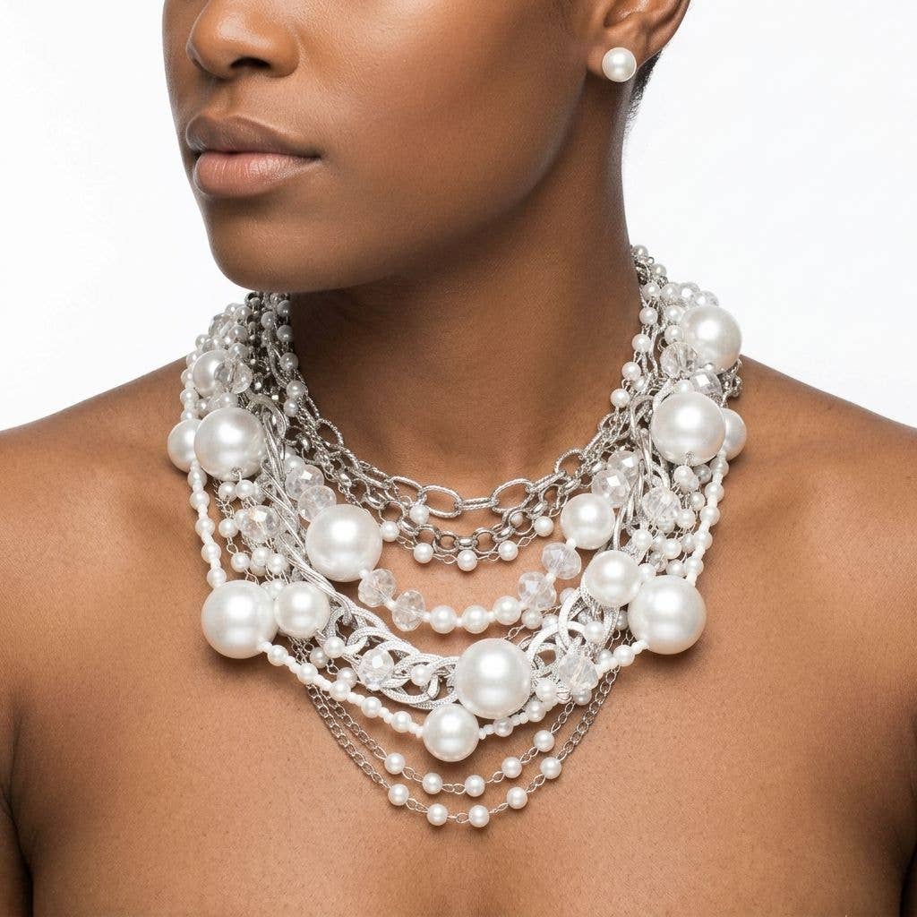 White Pearl 13 Strand Layered Silver Chain Necklace