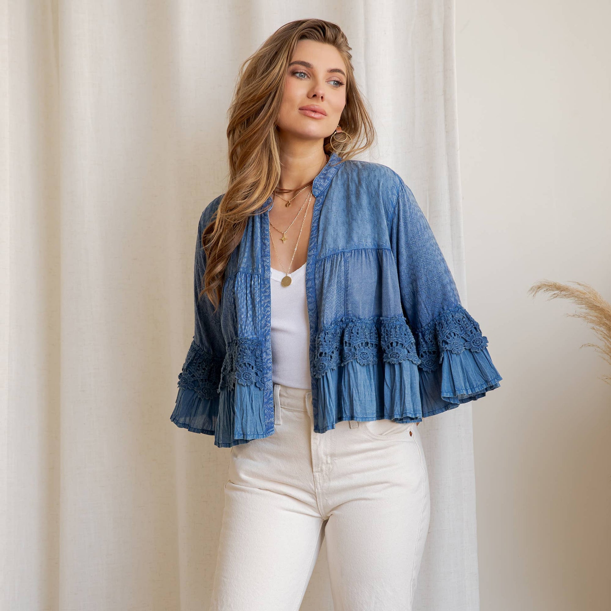 Boho Tiered Crochet Lace Open Front Shrug