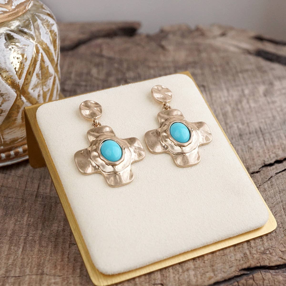 Sunlit Cross – Hammered Cabochon Earrings
