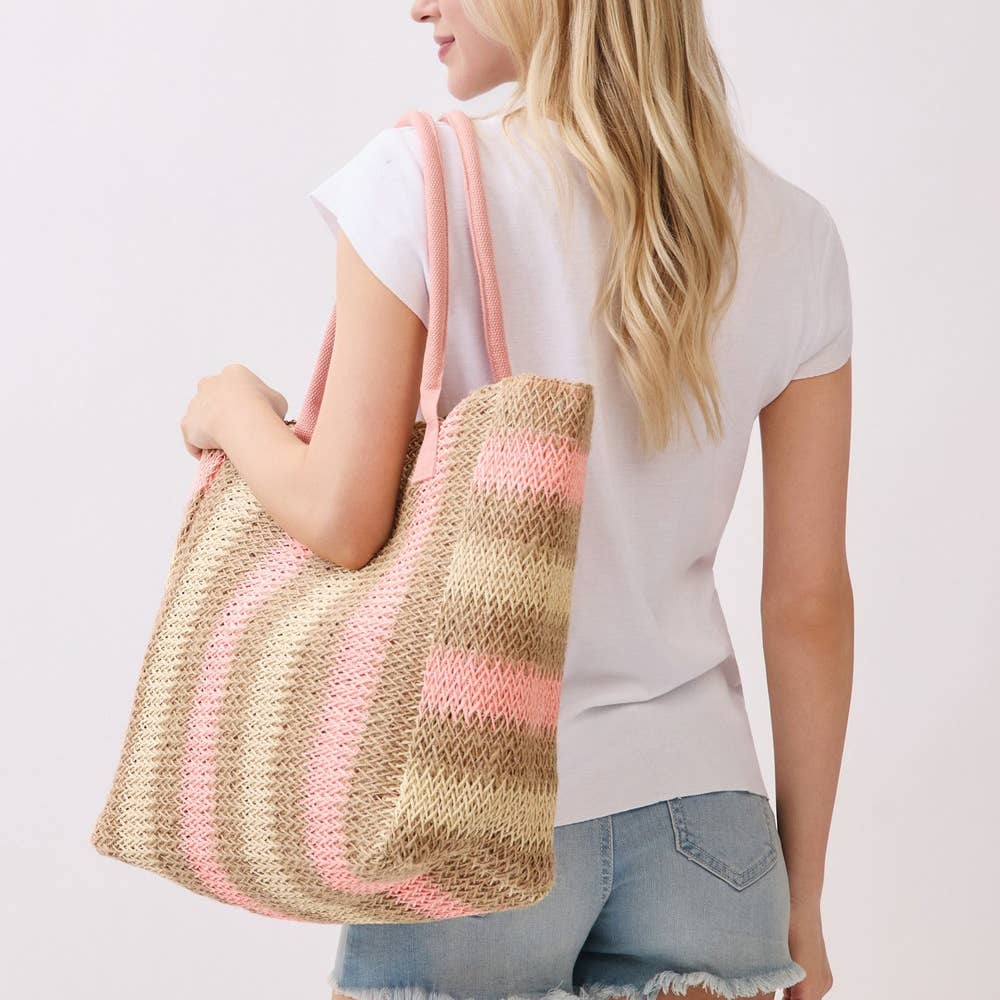 Large Straw Braided Striped Tote Bag