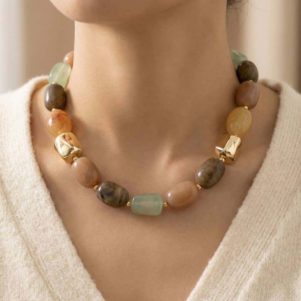 Chunk Marble Resin And Metallic Beads Necklace