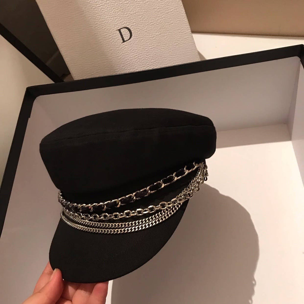 Stylish Black Baker Boy Hat with Chains