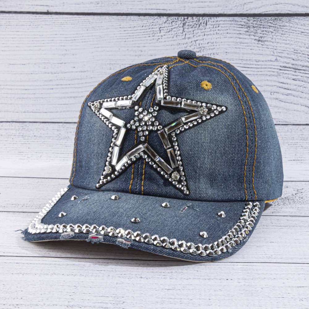 Crystal Star Studded Brim Denim Baseball Cap