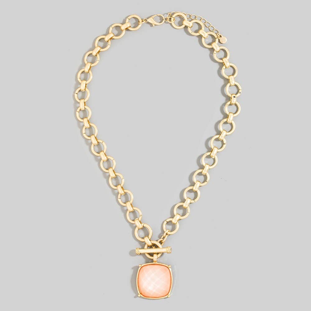 Large Square Faceted Stone Pendant Toggle Chain Necklace