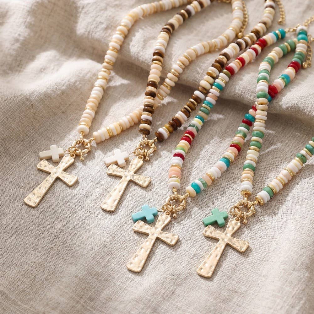 Acrylic Disc Beaded Double Cross Pendant Necklace