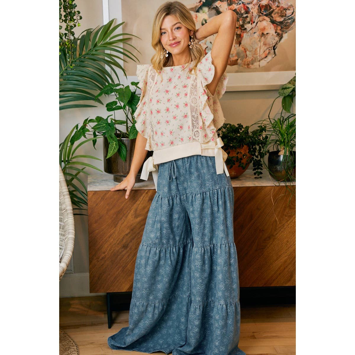 Daisy Tiered Floral Denim Pants