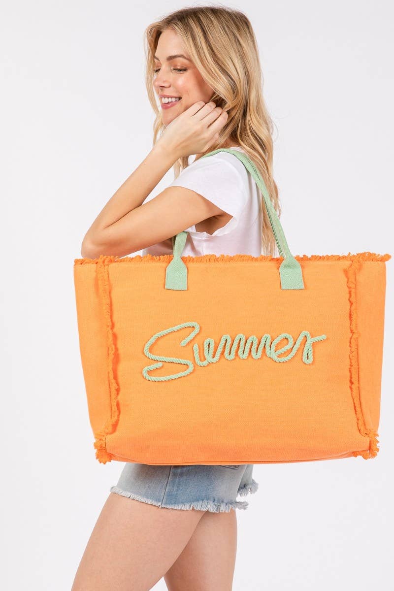 Embroidered Summer Print Fringe Tote Bag