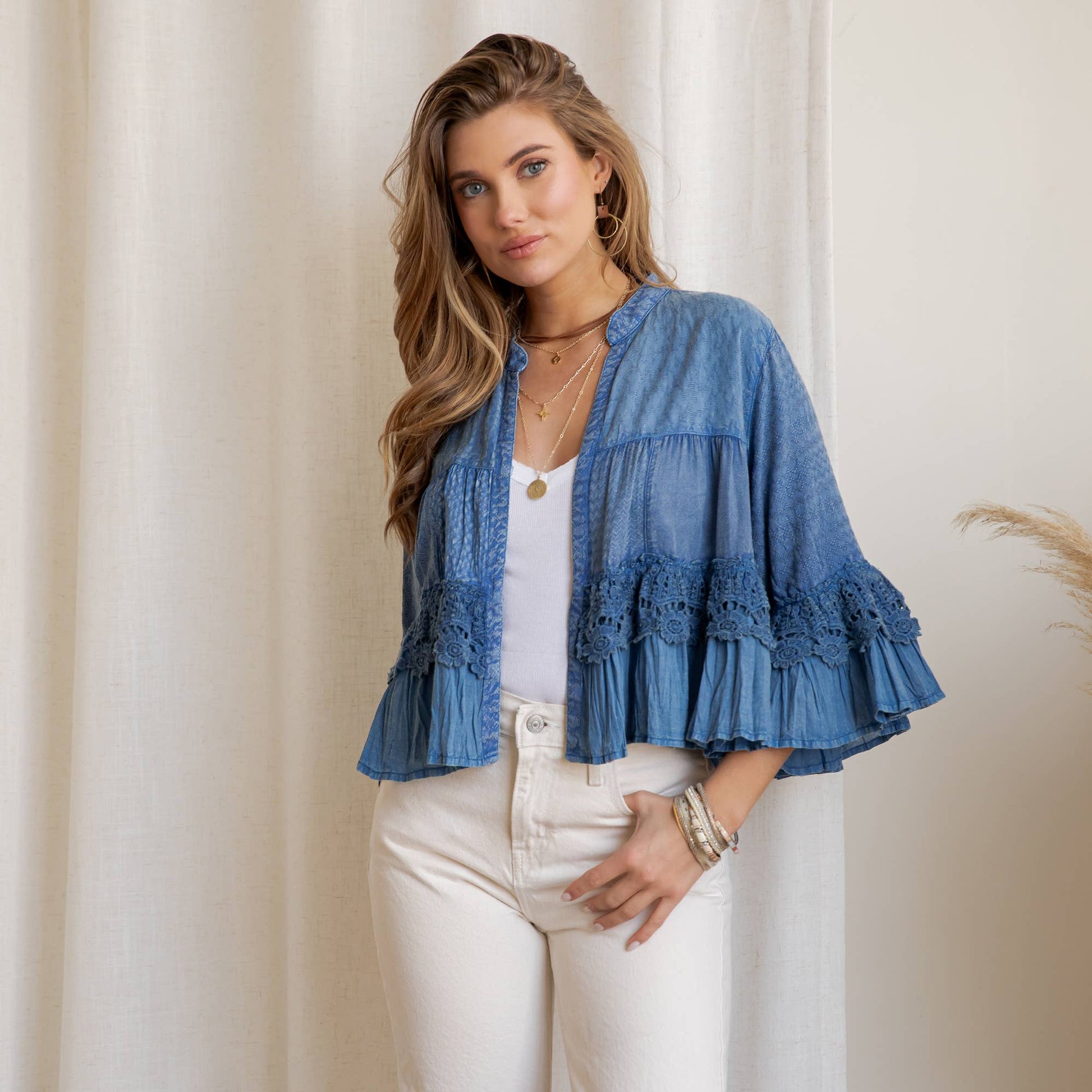 Boho Tiered Crochet Lace Open Front Shrug